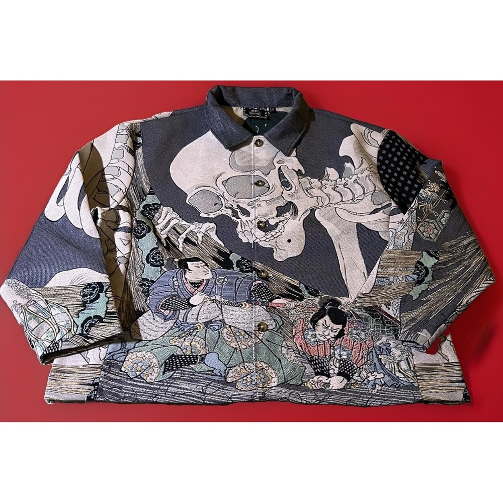 Rebel Vengeance Jacket Mens 2XL Multicolor Skull Tapestry Bomber Art Graphic